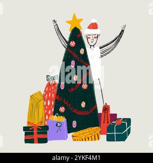 Illustration of a smiling person in a Santa hat joyfully stretching arms around a decorated Christmas tree surrounded by colorful gift boxes. Stock Photo