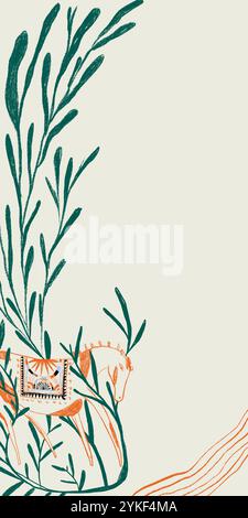 This illustration features a desert theme with a stylized horse adorned with a decorative blanket, surrounded by abstract foliage The earthy tones add Stock Photo