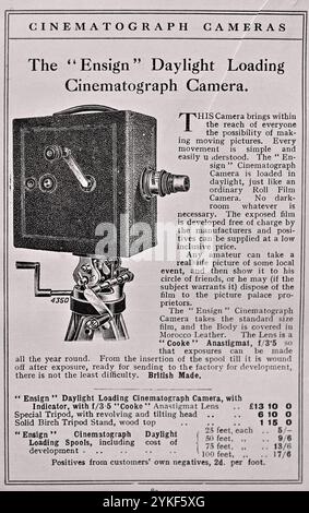Ensign daylight loading Cinematograph camera, vintage advertising from 1916. Ensign was the largest camera producer in Great Britain in the 1920s and 1930s. Stock Photo