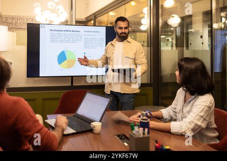 A group of professionals engaged in a presentation within a stylish coworking space A speaker uses a screen to display graphs, fostering an interactiv Stock Photo