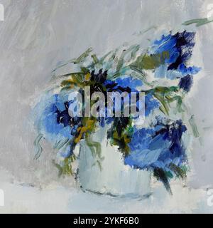 A hand painted depiction of blue flowers in an impressionistic style, laid out on a textured paper backdrop. Stock Photo