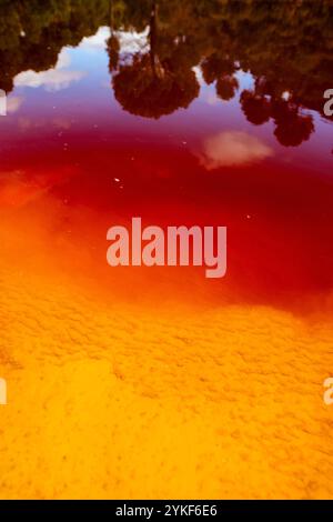 The striking red and orange colors of Rio Tinto river in Huelva, Spain, depict natural acidic waters and iron deposits from the mining activities. Stock Photo