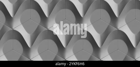 This image features an intricate 3D geometric pattern with seamless hexagonal tiles The monochrome grey tones highlight the shadows and depth, creatin Stock Photo