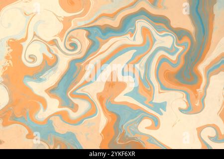 This abstract illustration depicts a fluid marble design with swirls of beige, cream, orange, and blue, creating a soothing yet dynamic pattern suitab Stock Photo