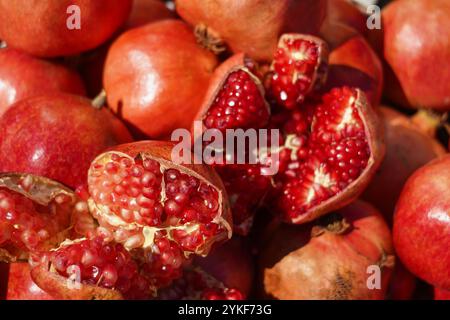A vibrant close-up of ripe pomegranates with some seeds visible, showcasing the juicy red arils within. Stock Photo