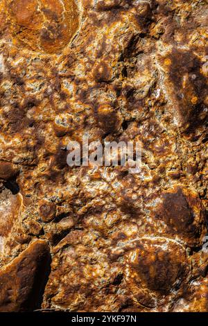 A vivid close-up shot capturing the textured surface of natural sulfur rocks, showcasing rich orange and brown hues dotted with crystalline formations Stock Photo