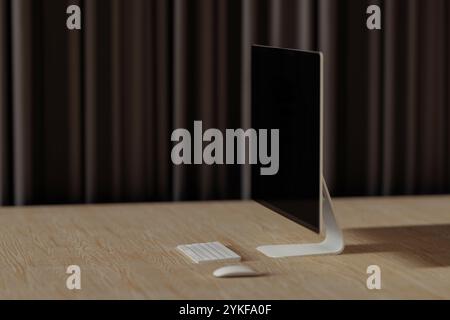 A modern desktop computer displays a vibrant artificial intelligence concept on its screen, highlighting advanced technology in a contemporary workspa Stock Photo