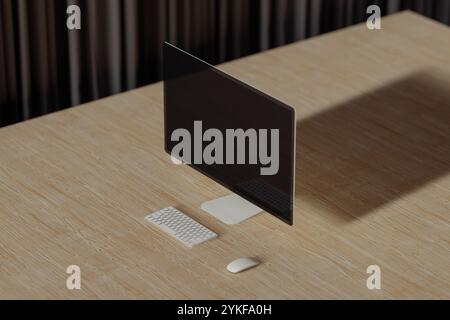 A modern desktop computer displays a vibrant artificial intelligence concept on its screen, highlighting advanced technology in a contemporary workspa Stock Photo