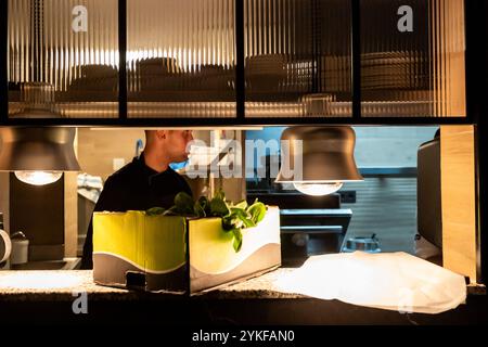 A chef is focused on preparation in a modern kitchen, surrounded by organized cooking tools and fresh produce, under stylish industrial lights creatin Stock Photo