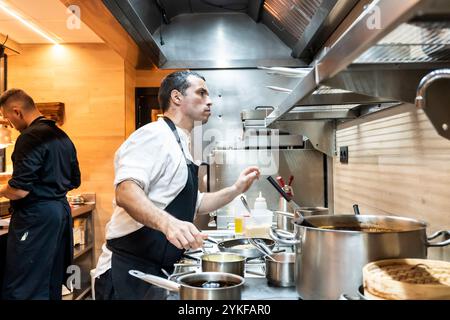 Two chefs focused on preparing dishes in a bustling restaurant kitchen, surrounded by stainless steel pots and cooking equipment Stock Photo