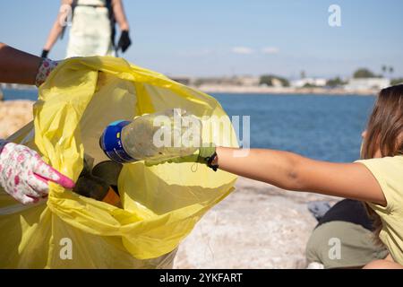 Volunteer places a plastic bottle into a yellow trash bag, contributing to the cleaning of the marine environment near a coastal area Stock Photo