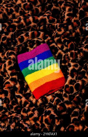 Brightly colored LGBTQIA+ rainbow wristband prominently displayed over a textured leopard print background, symbolizing the vibrant diversity and prid Stock Photo