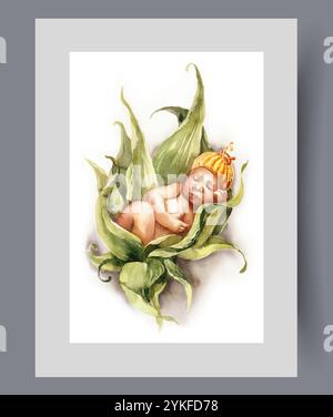 Sleeping baby lies in plant or flower symbolizing process childbirth on wall art. Watercolor artwork Stock Vector