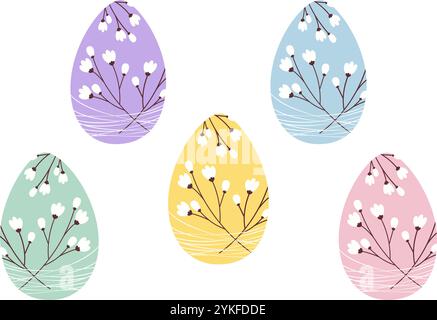 Colorful Easter eggs decorated flowering twigs and strings. Easter Decorative design elements concept. Isolated Vector illustration Thematic cards, blogs and poster, banner, leaflet, tag or web promo Stock Vector