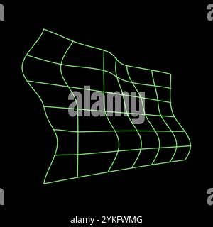 Y2K vector rave psychedelic futuristic object curved grid in trendy neon green black style. Surreal retro abstract geometric wireframe shapes, crypto Stock Vector