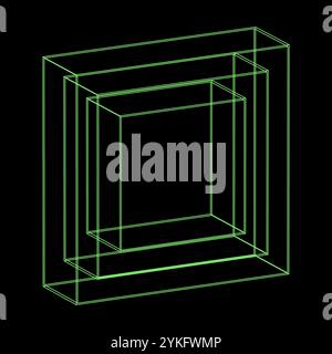 Y2K vector rave psychedelic futuristic 3D squares object in trendy neon green black style. Surreal retro abstract geometric wireframe shapes, crypto o Stock Vector