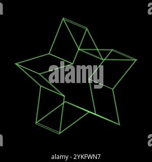 Y2K vector rave psychedelic futuristic object 3D star shape in trendy neon green black style. Surreal retro abstract geometric wireframe shapes, crypt Stock Vector