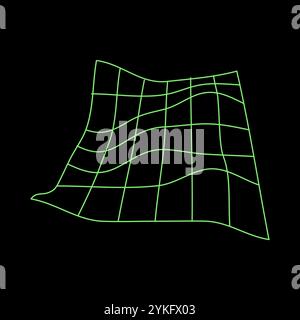 Y2K vector rave psychedelic futuristic object wavy deformed grid in trendy neon green black style. Surreal retro abstract geometric wireframe shapes, Stock Vector