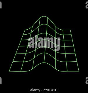 Y2K vector rave psychedelic futuristic object grid with wave in trendy neon green black style. Surreal retro abstract geometric wireframe shapes, cryp Stock Vector