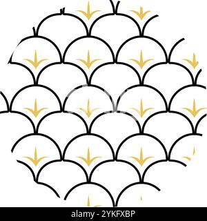 Chinese pattern of black scale lines and golden flower shoots. Small elements created sense of flow movement within round visual focus. Simple vector Stock Vector