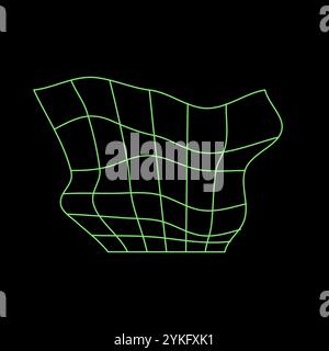 Y2K vector rave psychedelic futuristic object wavy grid in trendy neon green black style. Surreal retro abstract geometric wireframe shapes, crypto or Stock Vector