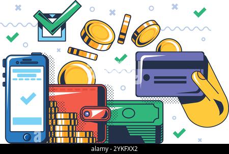 Multi colored payment for purchase online by bank card. Easy payments via mobile app. Convenient and secure banking transactions. Futuristic cartoon o Stock Vector