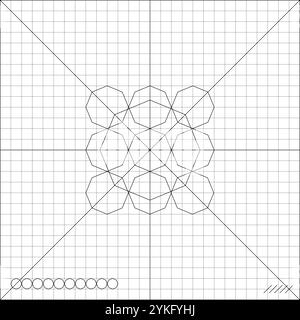 Image of geometric figures combined into an esoteric ornament on notebook sheet of checkered paper. School paper sheet lined in a cage with mathematic Stock Vector