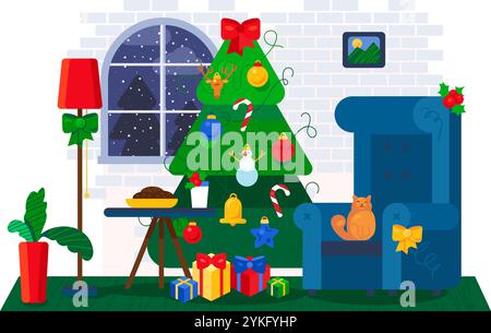 Illustration of New Year home interior with Christmas tree decorated with garlands and toys, a festive New Year table, cozy home armchair, gifts and s Stock Vector
