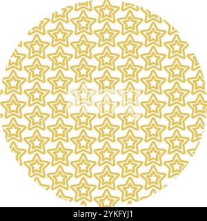 Circle mosaic with pattern of golden stars. Small elements created sense of flow movement within circular visual focus. Simple vector decorative eleme Stock Vector