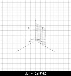 Image of cylinder with base on coordinate plane on notebook sheet of checkered paper. School paper sheet lined in a cage with mathematical drawing of Stock Vector