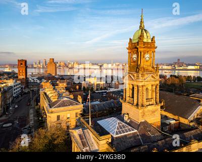 Hamilton Square town hall clock tower in evening light, Birkenhead, England Stock Photo