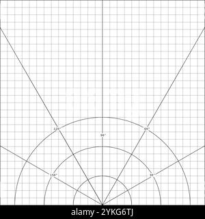 Image of arcs diverging from single point, divided by straight lines into sections at angles on notebook checkered paper. School paper sheet lined in Stock Vector
