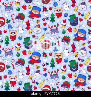 Holiday seamless pattern with funny cheerful cat faces in carnival and festive headdresses with Christmas and New Year decoration elements. Ornate for Stock Vector