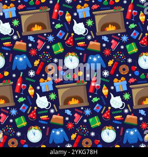 Seamless pattern in red blue colors with Xmas cozy burning fireplaces, New Year alcoholic drinks, clothes and gifts. Ornate for printing on fabric, wr Stock Vector