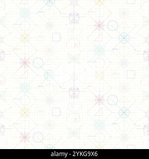 Symmetrical mathematical seamless pattern on lined checkered paper sheet from regular geometric figures of monograms and lines. Geometric vector ornam Stock Vector