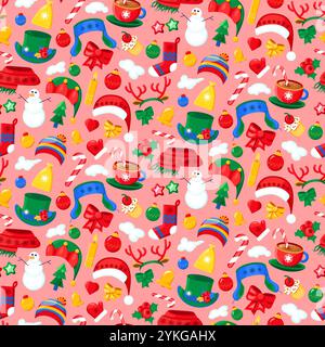 Cute Christmas seamless pattern with festive new year elements. Cozy knitted clothes, snowmen and tree decorations. Ornate printing on fabric, cover a Stock Vector