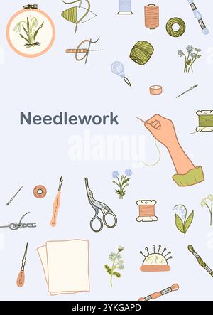Needlework Classes Card Template. Handmade Hobby Poster. Hand drawn Colored Vector illustration in Doodle style of Sewing Accessories, Threads Spools Stock Vector