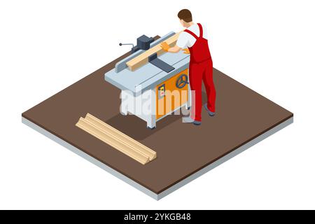 Isometric Milling machine. Professional carpenter cutting wood in the carpentry shop. Industrial machinery working. Electric machine tools for wood Stock Vector