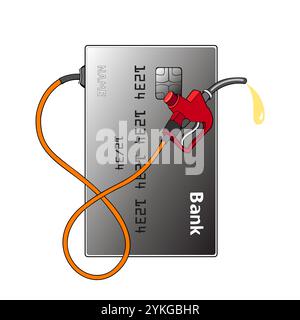 Bank credit card and a fuel pump at a gas station. Petrol pump filling. Online payment. Flat illustration. Stock Vector