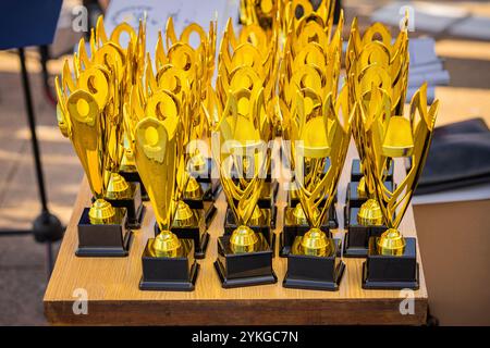 Close-up of golden trophies on a table at a cultural fest Stock Photo