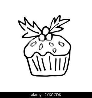 Cupcake outline doodle. Sweet cupcake with cream, berries and sprinkles in doodle style isolated on white background. Black outline drawing of a cup Stock Vector