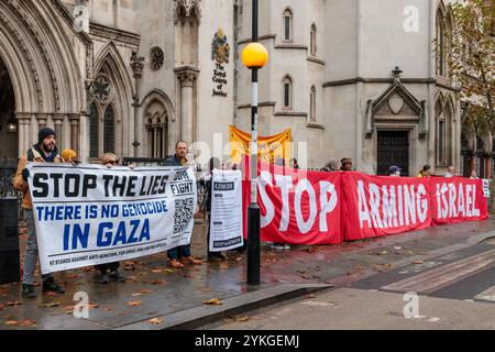 Royal Courts of Justice, London, UK. 18th November 2024. Pro Israel supporters from Our Fight and Stop the Hate gather outside the Royal Courts of Justice to counter protest Amnesty International and Human Rights Watch ahead of a hearing in the ongoing legal challenge by Al-Haq and the Global Legal Action Network to the UK’s licensing of arms transfers to Israel. Credit: Amanda Rose/Alamy Live News Stock Photo