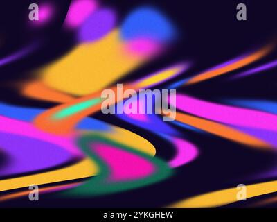 Abstract colourful waves on dark black background with noice effect. Blurred soft coloured abstraction. Glowing purple, orange, pink, yellow gradient. Stock Photo