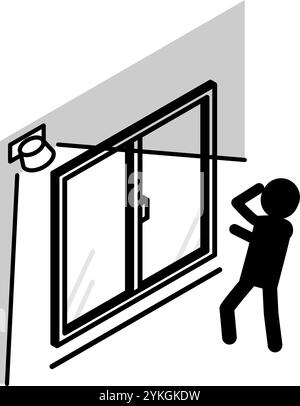 Suspicious person startled by sensor light, Crime Prevention and Home Security Black and White Isometric Icon, Vector Illustration Stock Vector
