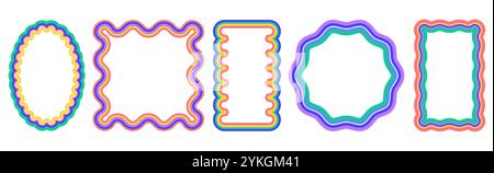 Vector set of colored rectangular frames with scallop edges. Squiggle photo borders with wavy edge. Wiggly shapes, funky flat geometric text box frameworks or rectangle curvy mirror with jagged border Stock Vector