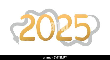 Happy New Year 2025. Year of the Snake. Hand drawn golden numbers on snake silhouette. Vector illustration Stock Vector