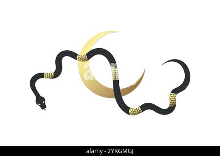 Golden scaled snake with crescent. Abstract celestial black and golden serpent. Stock Vector