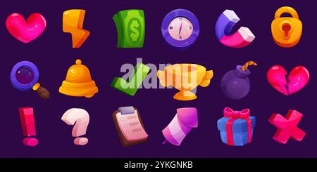 Game elements. Mobile casino UI. GUI kit. Gold coins chest. Crown or medal. Trophy goblet. Lock key. Love heart. Gift box. Question or exclamation mar Stock Vector