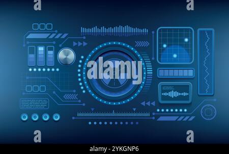 Abstract background. Cyber dashboard. Radar infographic. Blue circle graphic. Data round neon chart. Industry design panel. Science network. UI hologr Stock Vector