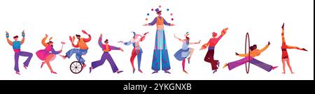 Carnival party. Circus clown, Purim party or parade poster with music and dancers, samba musicians, gymnasts and juggler. Funny characters in costumes Stock Vector
